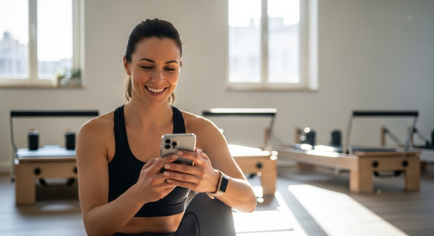 Client checking her phone after a fitness session
